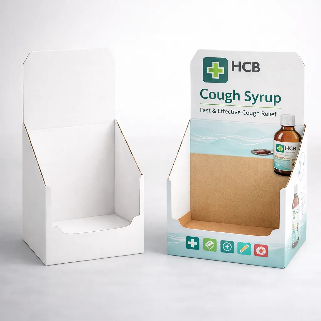 Point-of-sale display boxes with a header featuring a cough syrup bottle illustration and medicinal branding. class=
